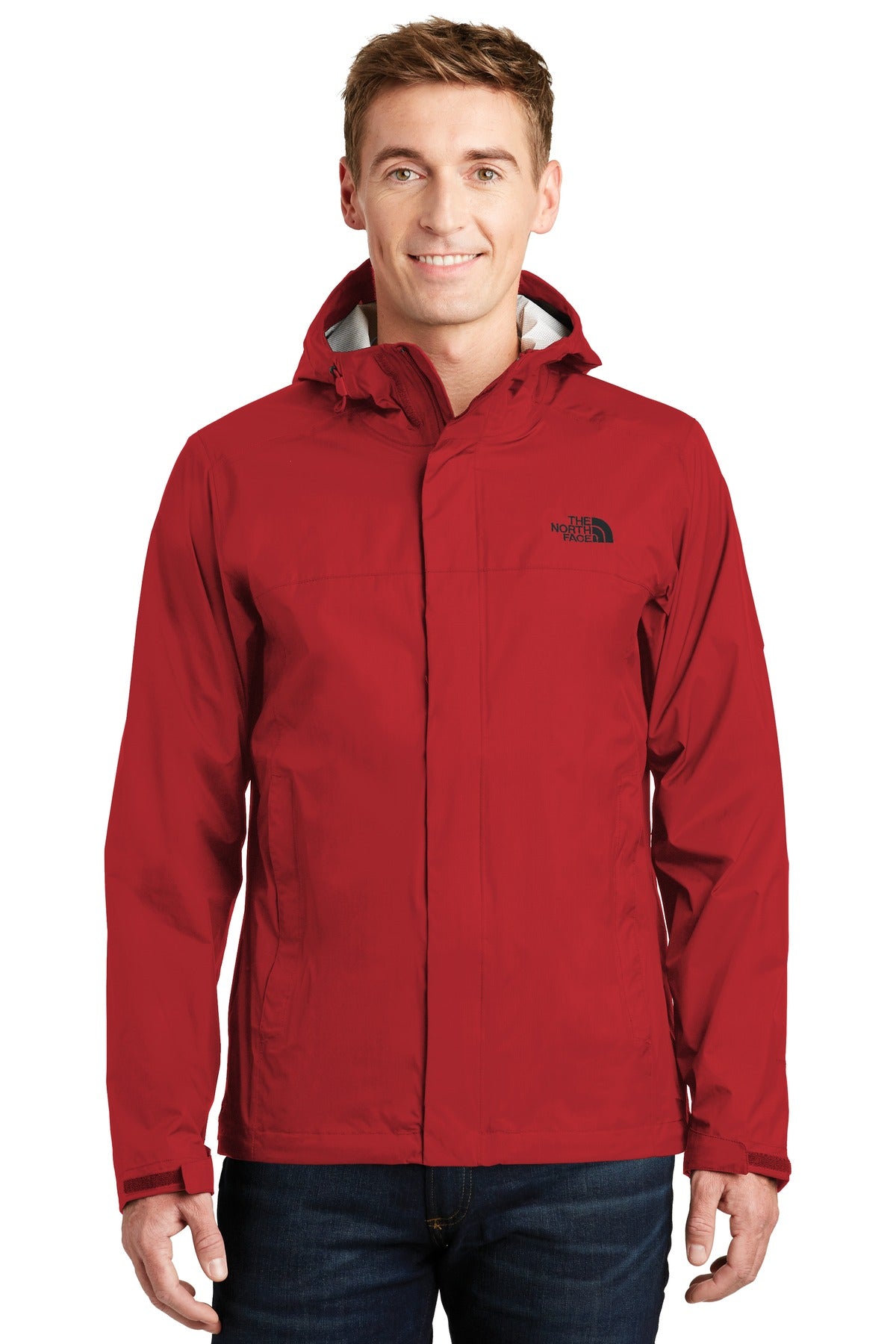 Front View of Rage Red The North Face DryVent Rain Jacket. NF0A3LH4
