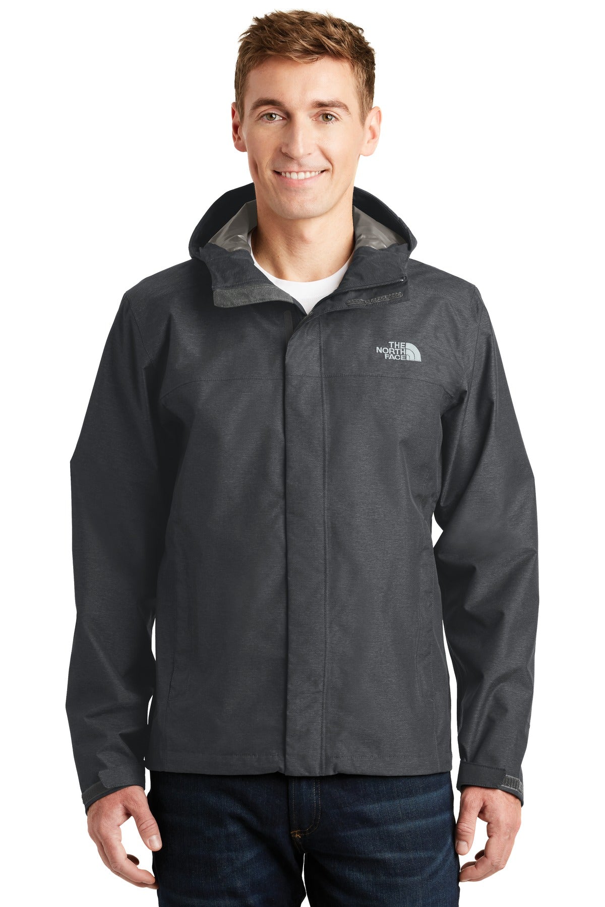 Front View of TNF Dk Grey He The North Face DryVent Rain Jacket. NF0A3LH4