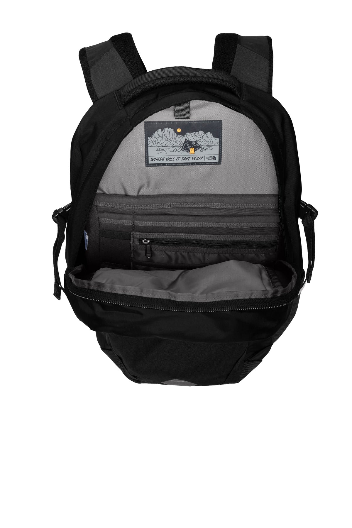 Inside View of TNF Black The North Face Fall Line Backpack. NF0A3KX7